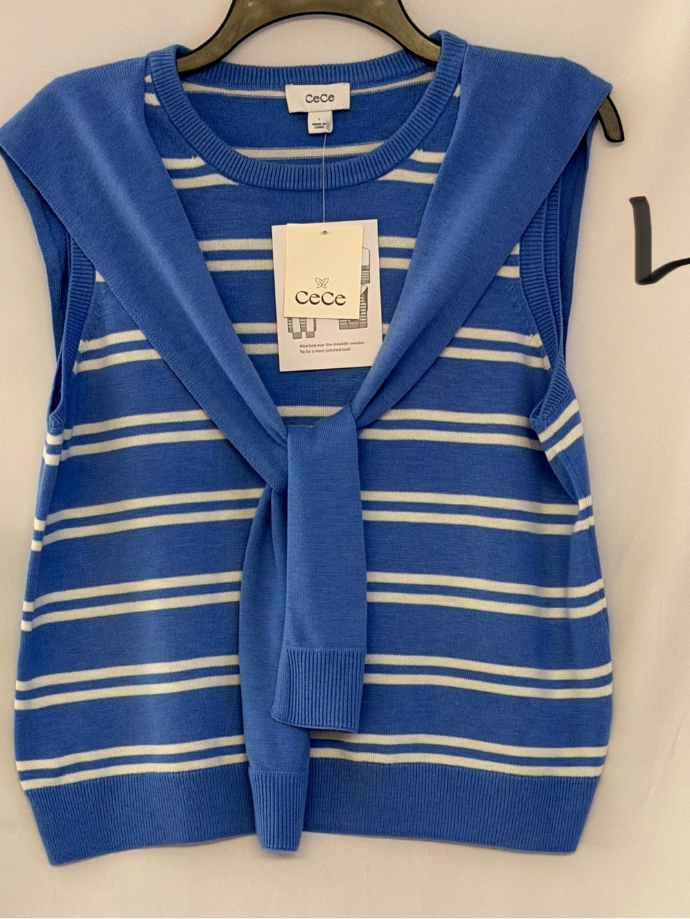CeCe Royal Blue and White Striped Sleeveless Knit Tank with Shoulder Drape